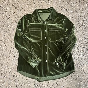 Velvet Velour Button Up Shirt Women's S Green Long Sleeve Collared Blouse Top